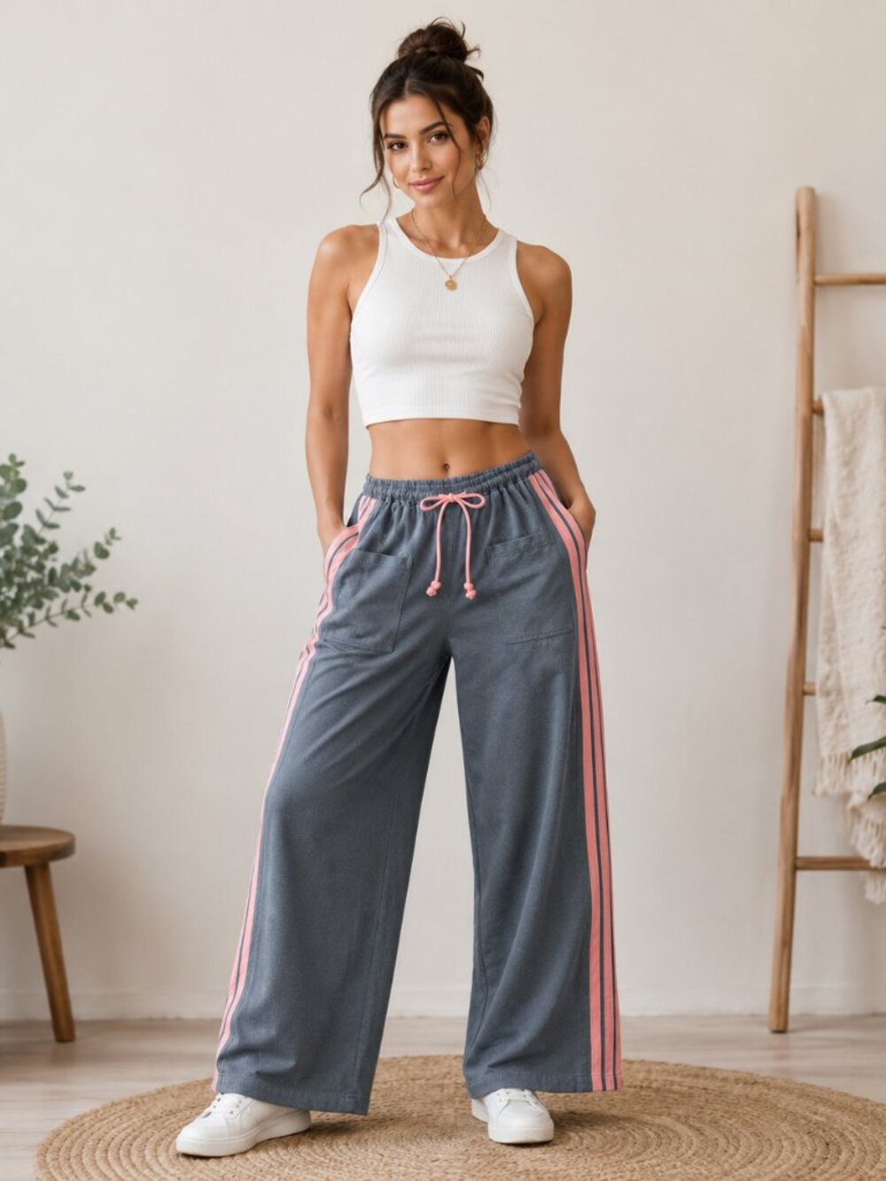 Y2K Side Stripe Wide Leg Track Pants Sporty Retro Athleisure Gray Pink - Picture 1 of 12